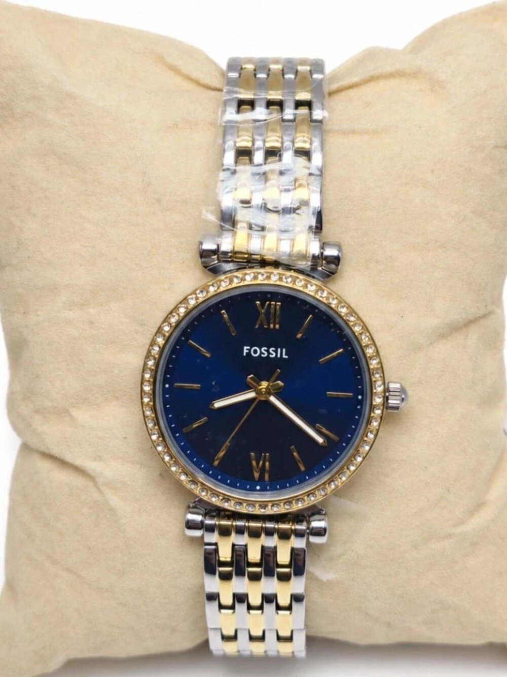 Fossil Carlie Mini ES5438 Womens 28mm Blue Dial Two Tone Stainless Steel Watch